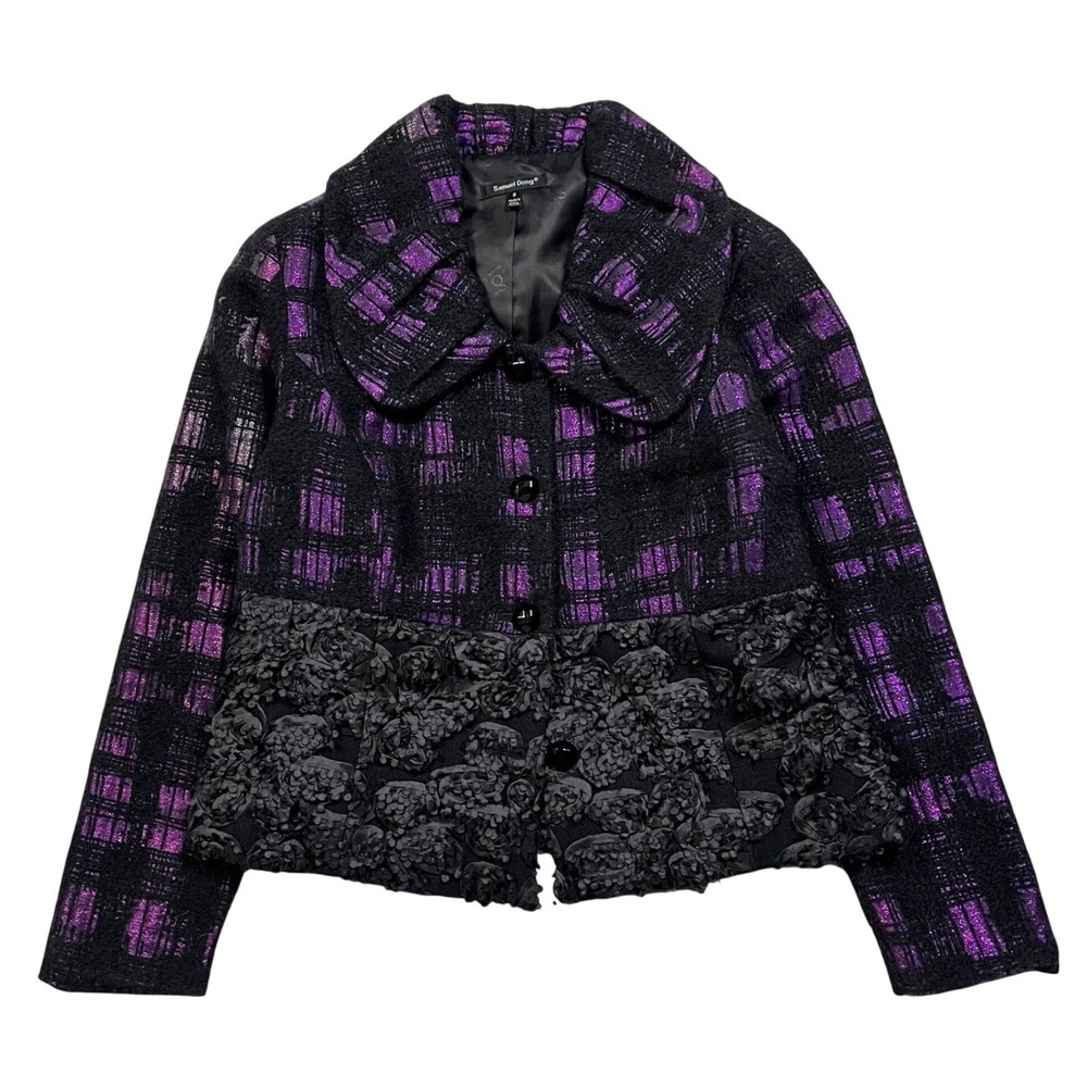 Samuel Dong Womens Black Purple Plaid Textured Rose Embellished Blazer Jacket S